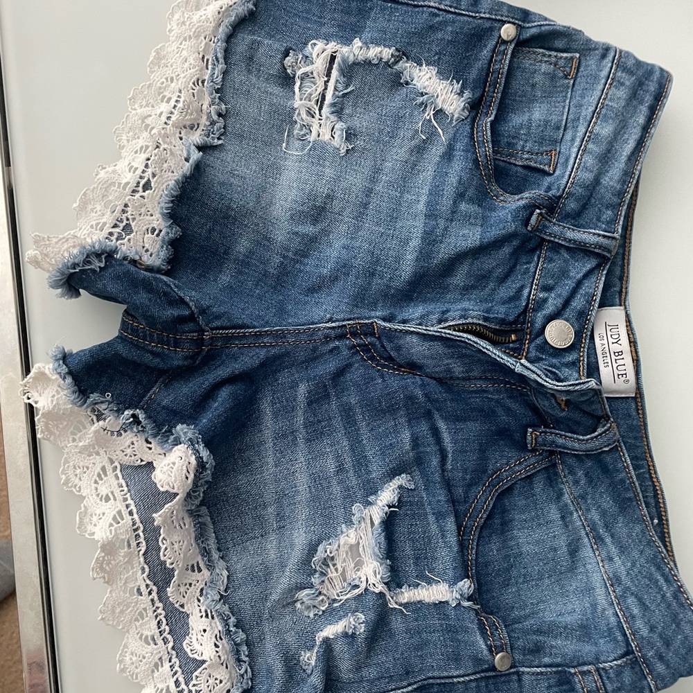 Judy Blue Blue Denim Shorts with White Lace